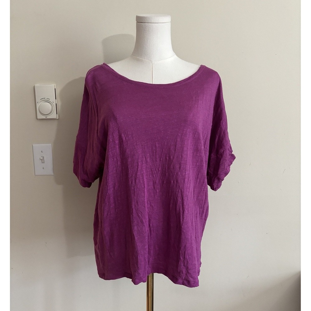 Chicos 2 Large Linen Short Sleeve Shirt Purple Coastal Beach Casual Boho Stretch